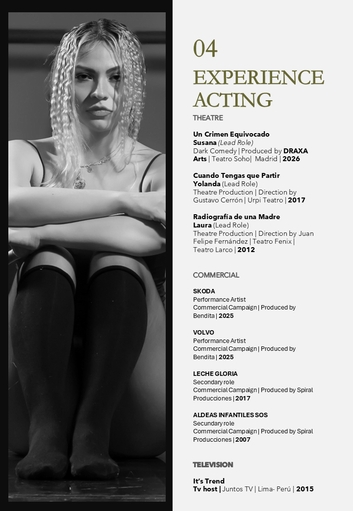 
Un Crimen Equivocado
Susana (Lead Role)Dark Comedy | Produced by DRAXA Arts | Teatro Soho|  Madrid | 2026

Cuando Tengas que Partir
Yolanda (Lead Role)
Theatre Production | Direction by Gustavo Cerrón | Urpi Teatro | 2017

Radiografía de una Madre
Laura (Lead Role)
Theatre Production | Direction by Juan Felipe Fernández | Teatro Fenix | Teatro Larco | 2012
